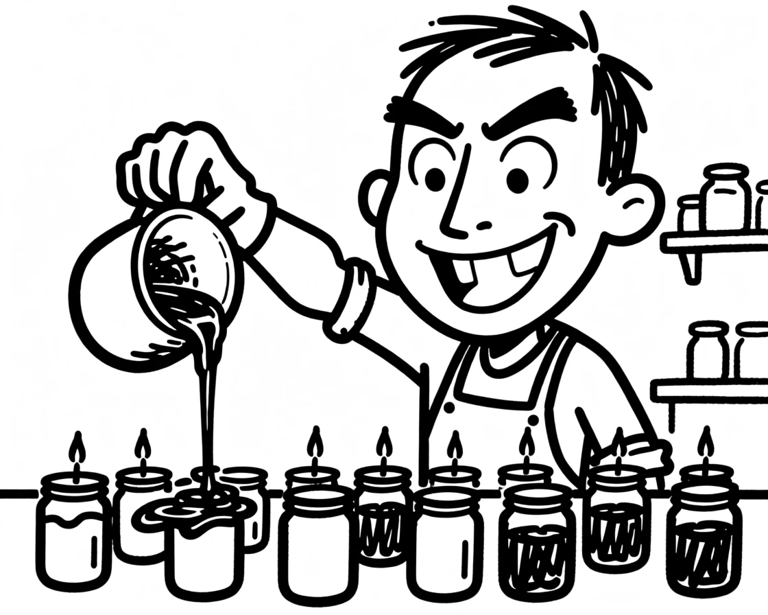 A candle maker pouring melted wax into rows of jars in a cozy workshop.
