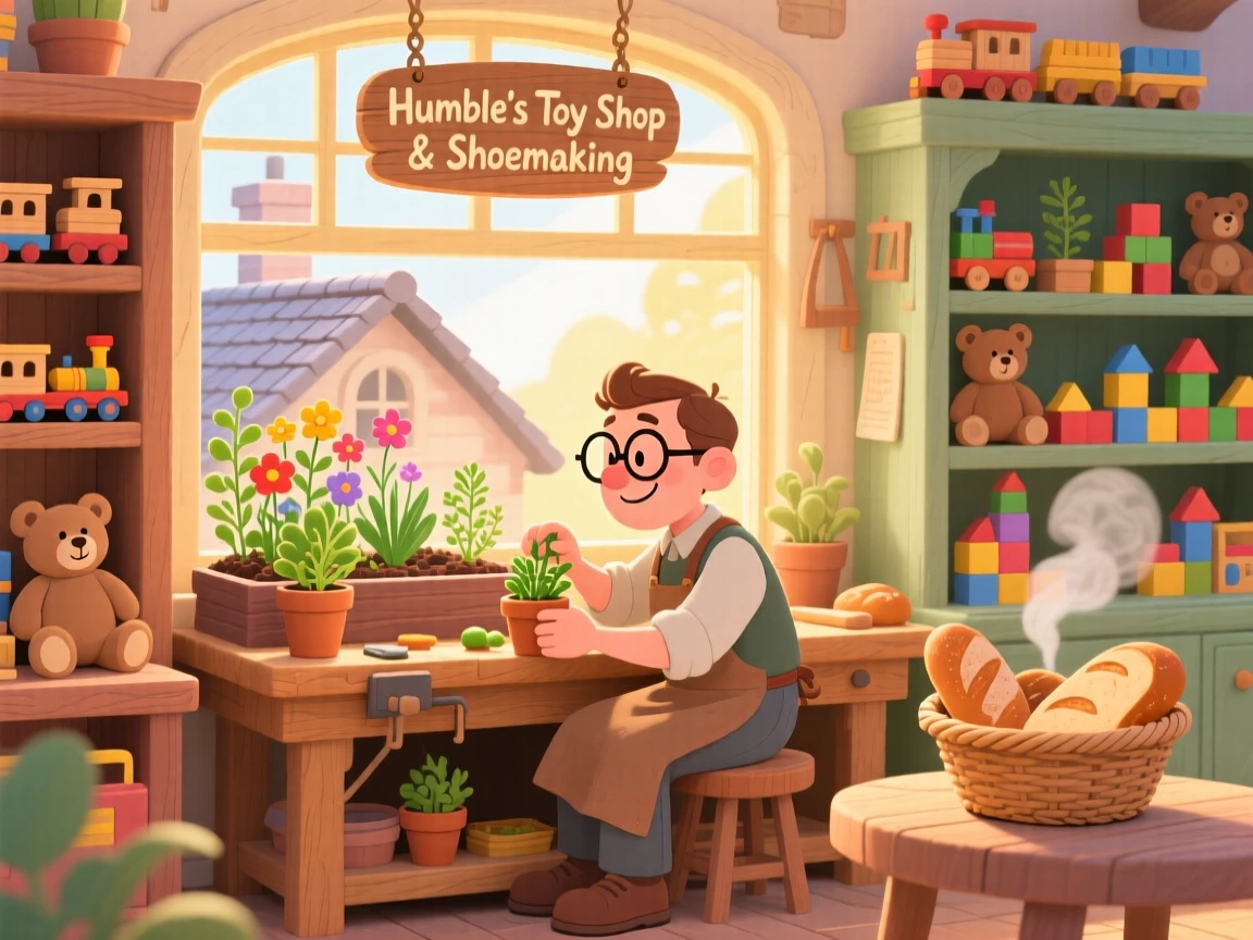 A shoemaker at his workbench spends the morning tending a rooftop garden in an old-fashioned toy shop, with the smell of fresh bread drifting through the air.