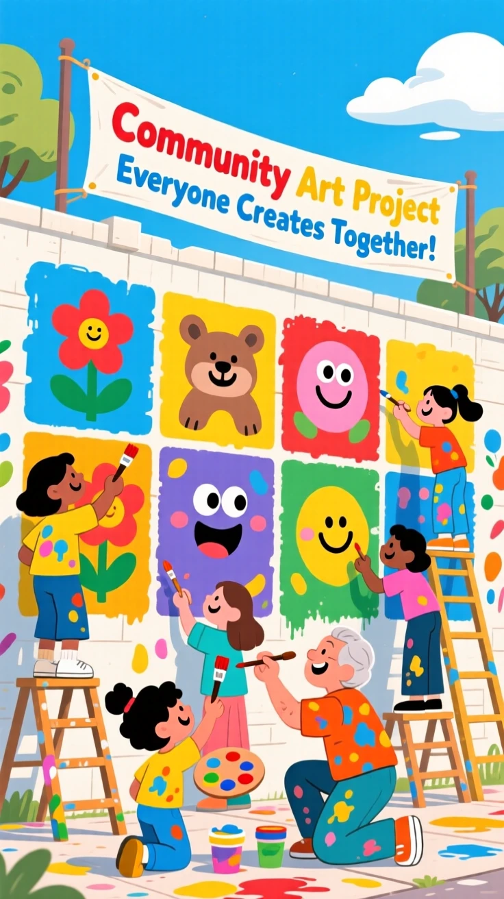 A community art project where everyone paints one section of a mural.