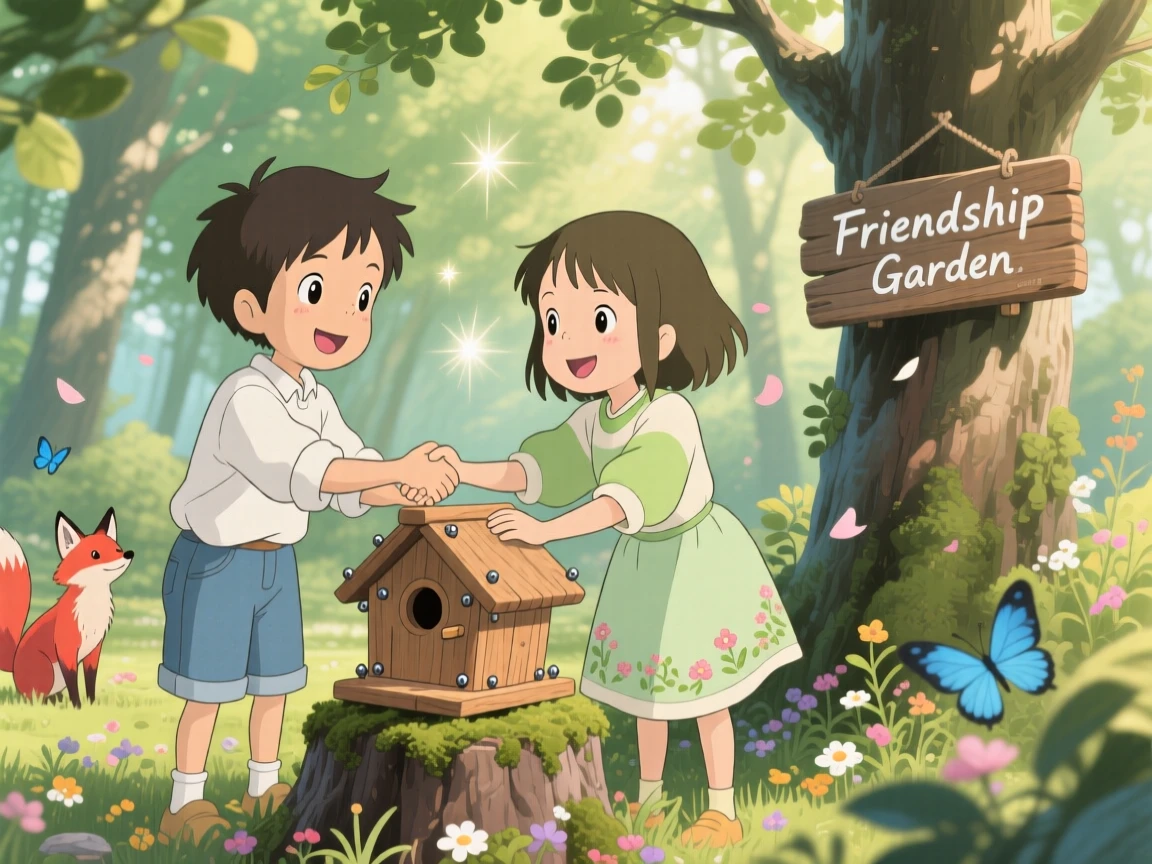 A tender moment of two children shaking hands after building something together, the scene quietly moving.
