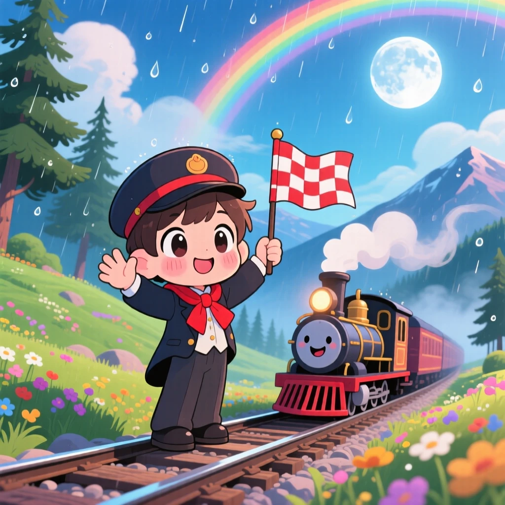 A young conductor waving a flag beside a tiny steam train in a scenic mountain railway under a rainbow after the rain; soft moonlight washes over the scene as shy bashfulness fills the moment. Dynamic diagonal composition.