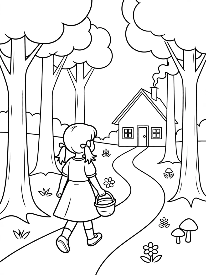 A little girl walking through a forest to visit her grandmother