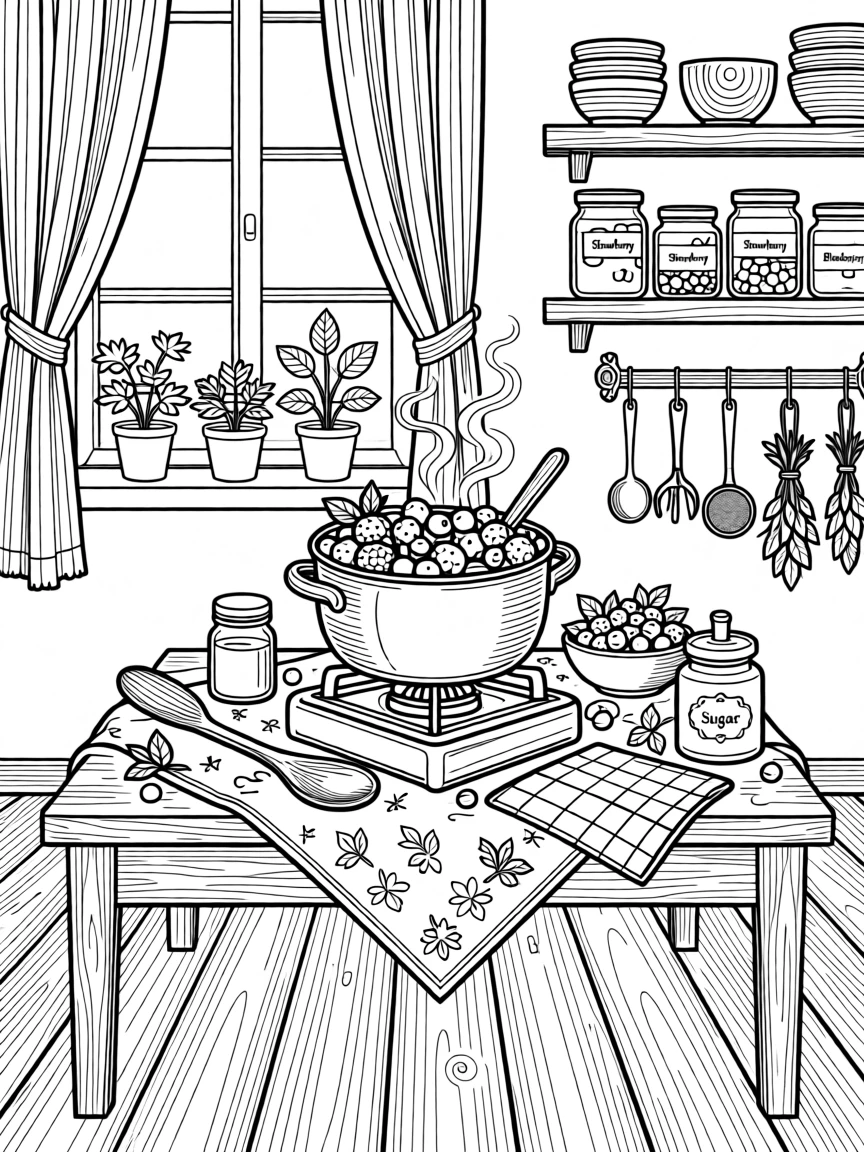 A farmhouse jam-making scene with berries simmering in a copper pot.
