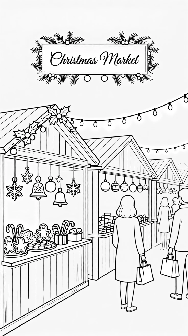 A Christmas market with stalls selling ornaments and treats