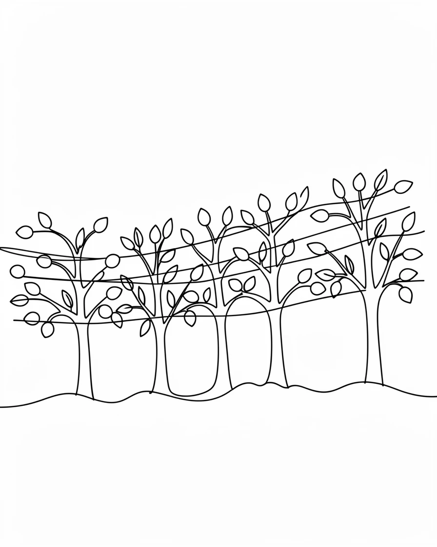 A row of espaliered fruit trees trained along a garden wall