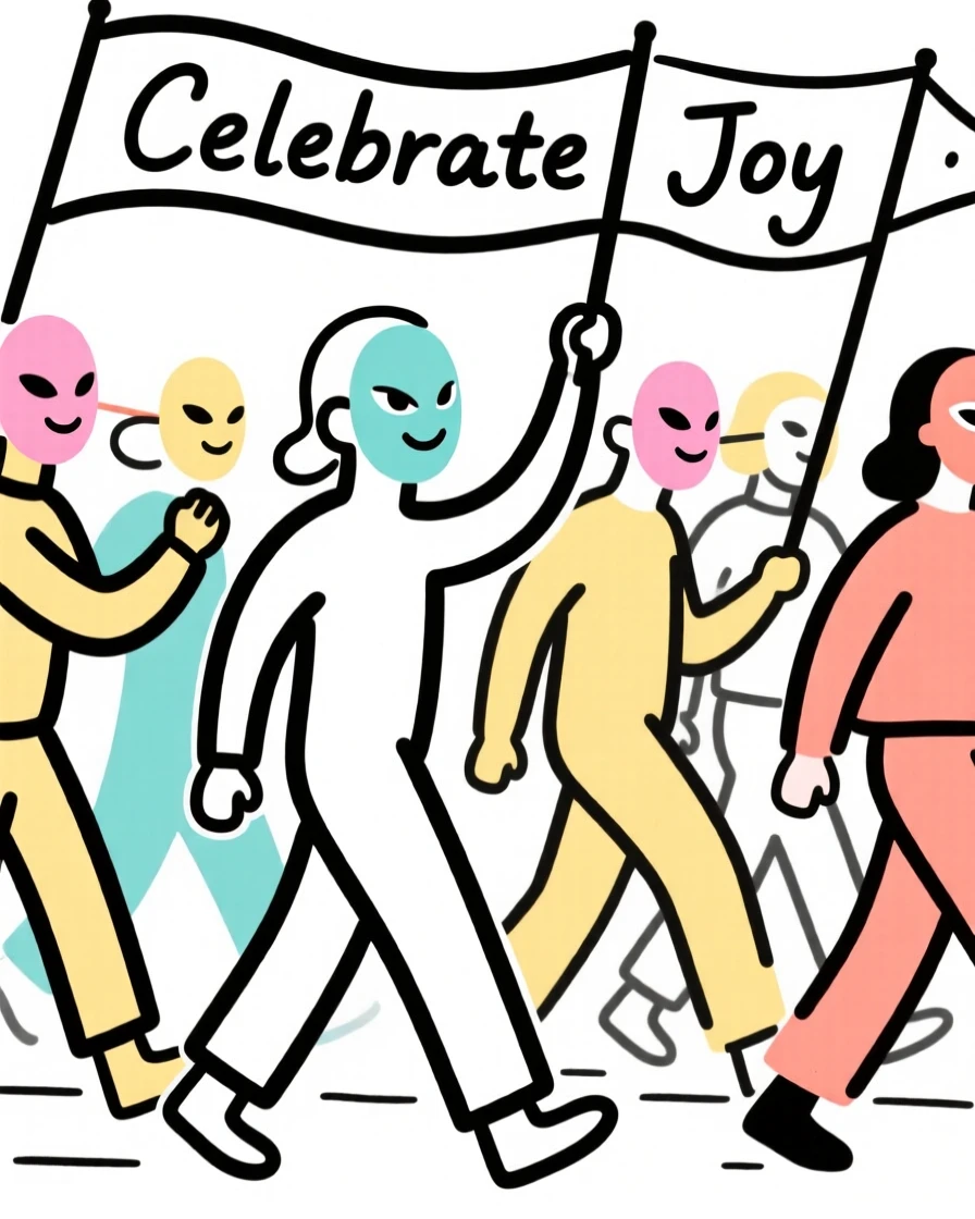 A parade with colorful masks