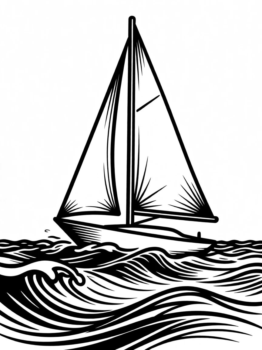 A sleek sailboat cutting through choppy ocean waves under full sail.