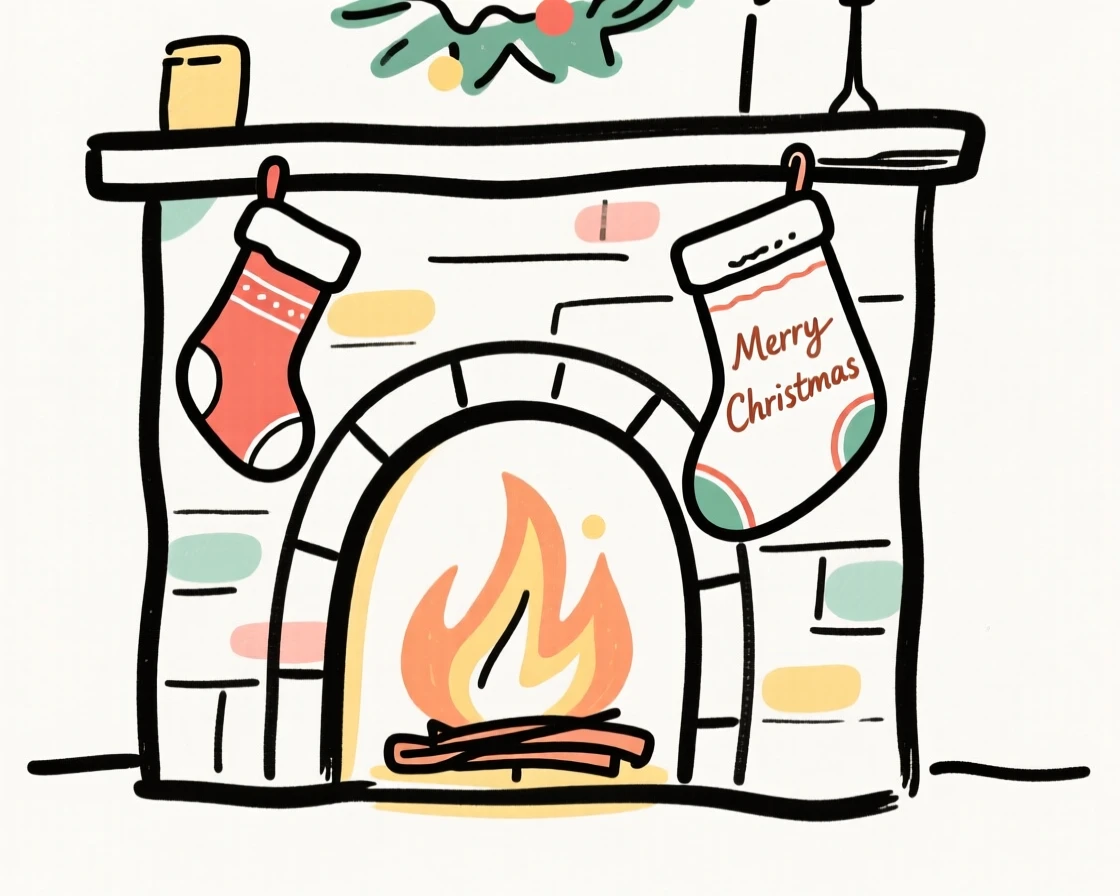 A Christmas Eve scene with stockings hung by a glowing fireplace.