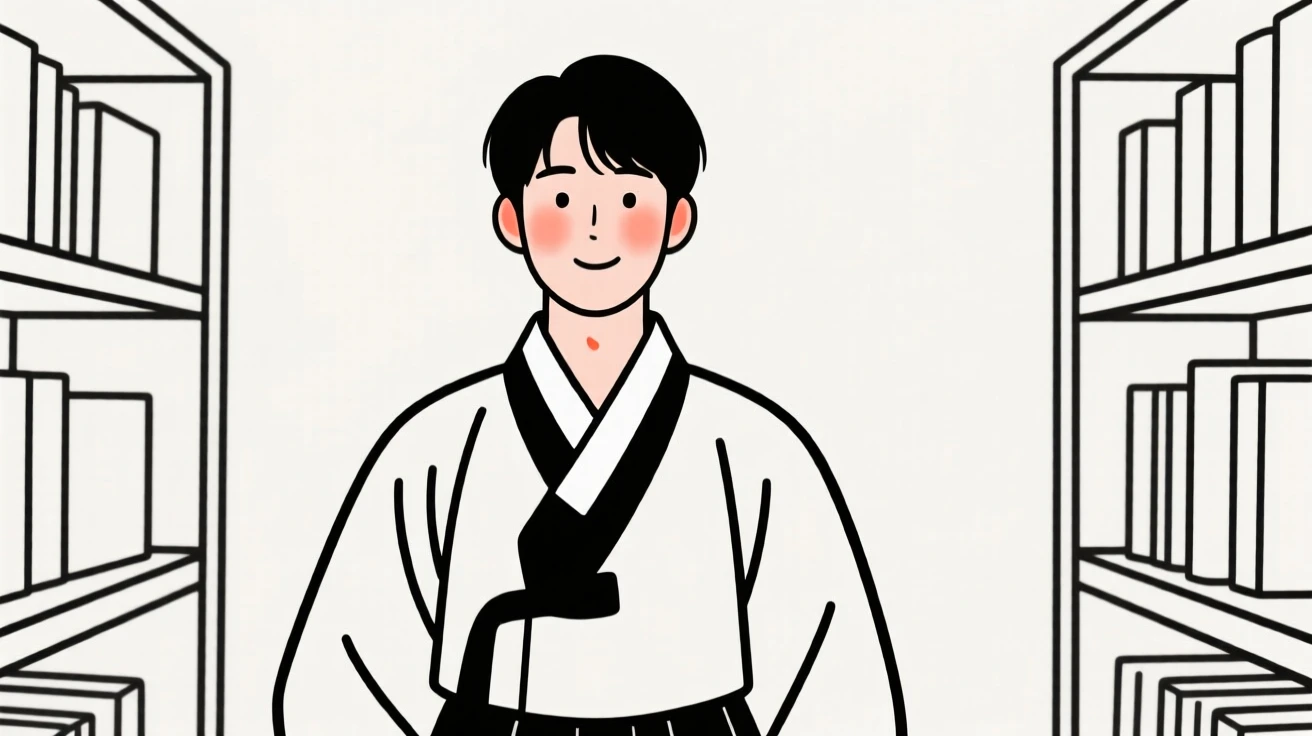 A young man wearing a Korean hanbok, radiating quiet confidence, in a quiet library.