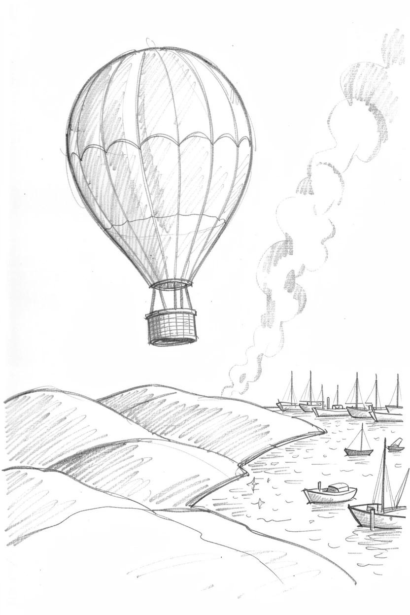 A hot air balloon drifting over rolling hills, beside a sparkling harbor, with a trail of dust rising behind it.