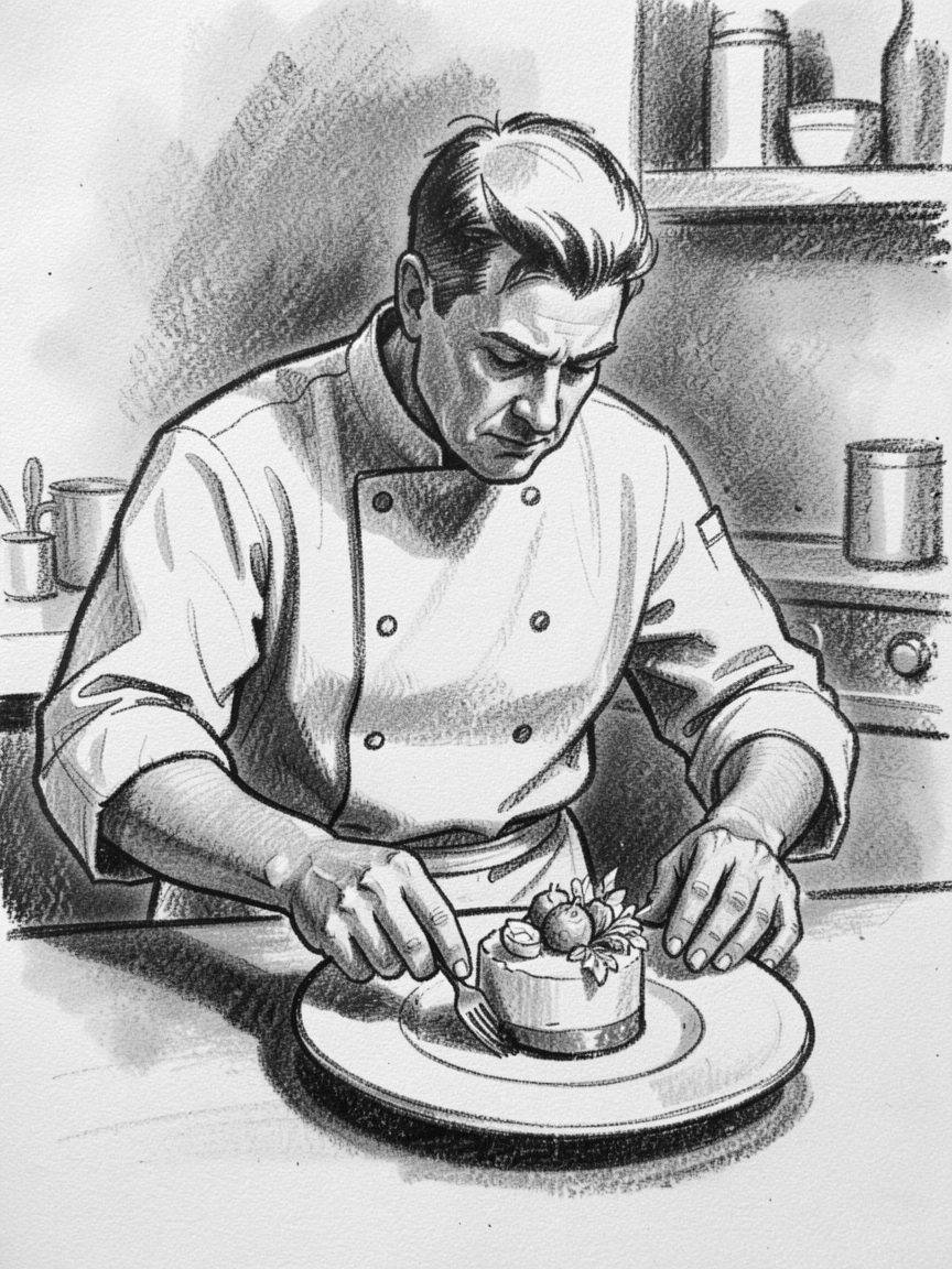 A chef plating a beautifully arranged dessert, in a moment of quiet togetherness.