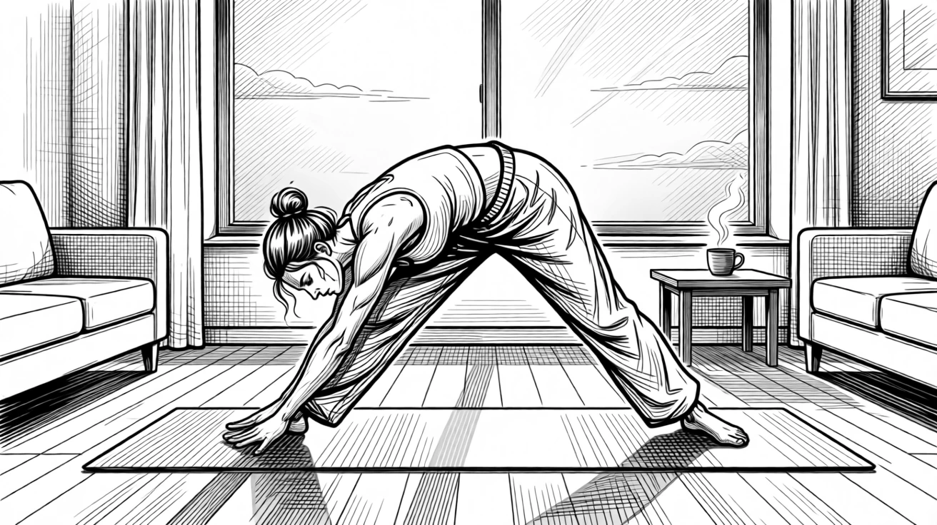A woman doing yoga stretches in her living room at sunrise.