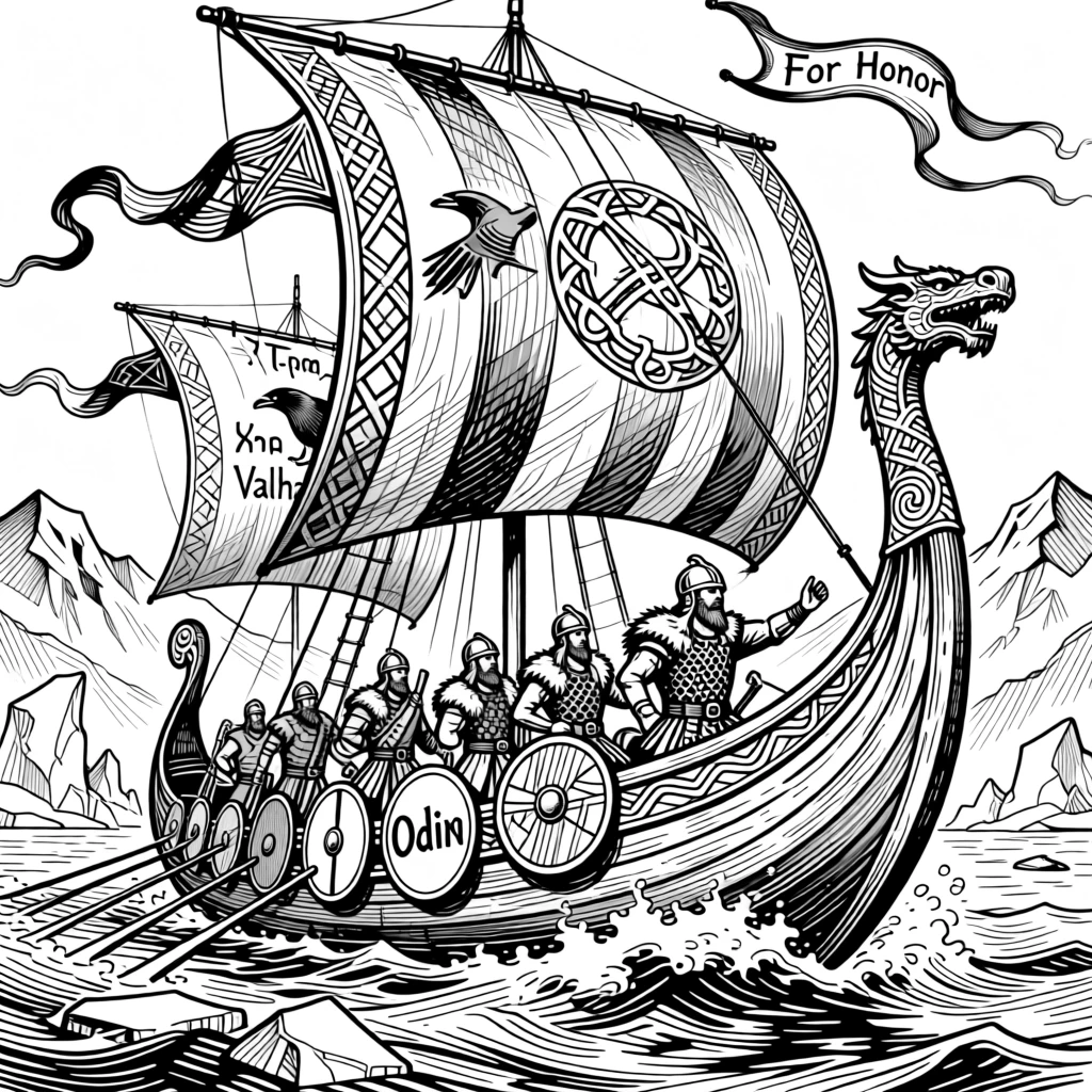 A viking longship cutting through icy waters under banners fluttering in the wind, with a sense of ceremony in every gesture, portrayed in a vibrant with cultural pride historical scene.