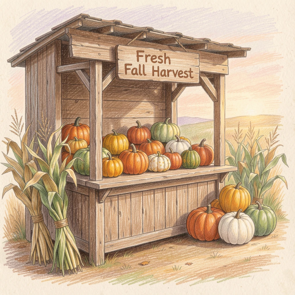 A countryside farm stand selling pumpkins, gourds, and cornstalks, captured in a quiet, intimate moment full of atmosphere, radiating comfort, joy, and quiet beauty.