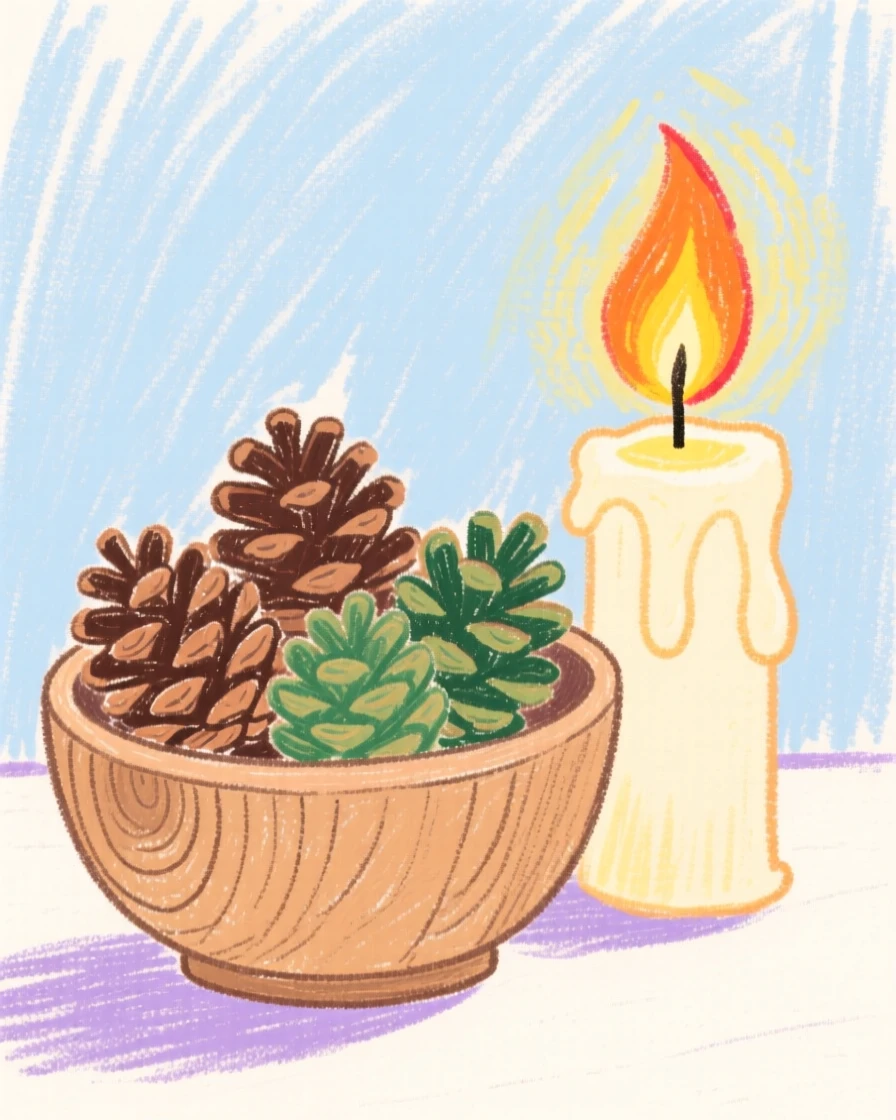 A wooden bowl of pinecones placed beside a softly glowing candle.
