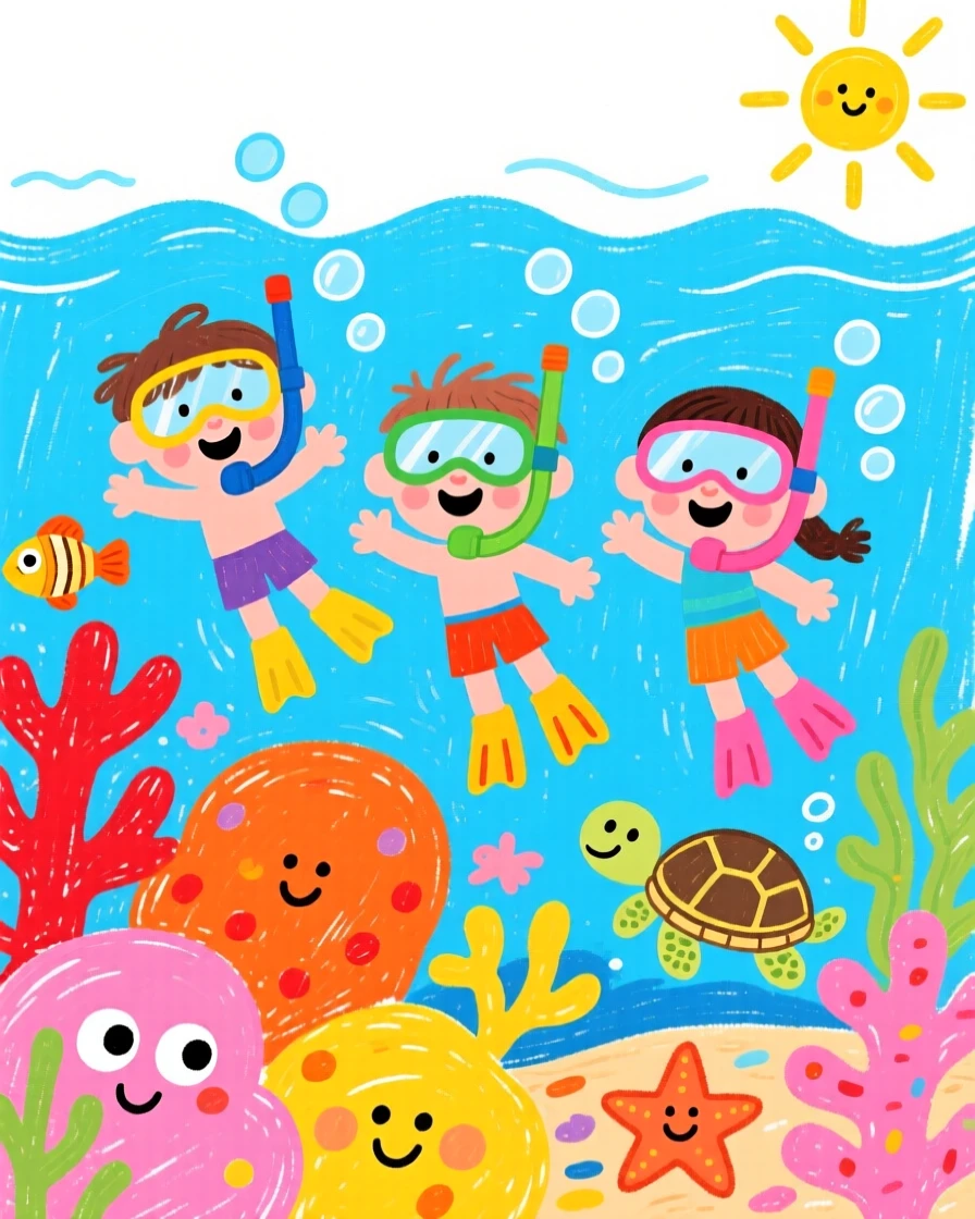 Children snorkeling above a vibrant coral reef.