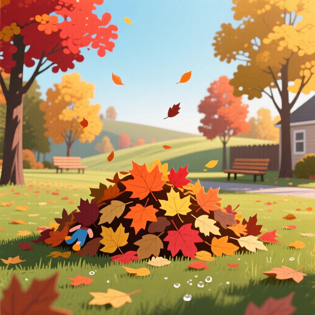 A pile of raked autumn leaves ready for children to jump in, set within a peaceful outdoor seasonal scene, composed with balanced natural elements throughout, with a fresh, crisp atmosphere throughout.