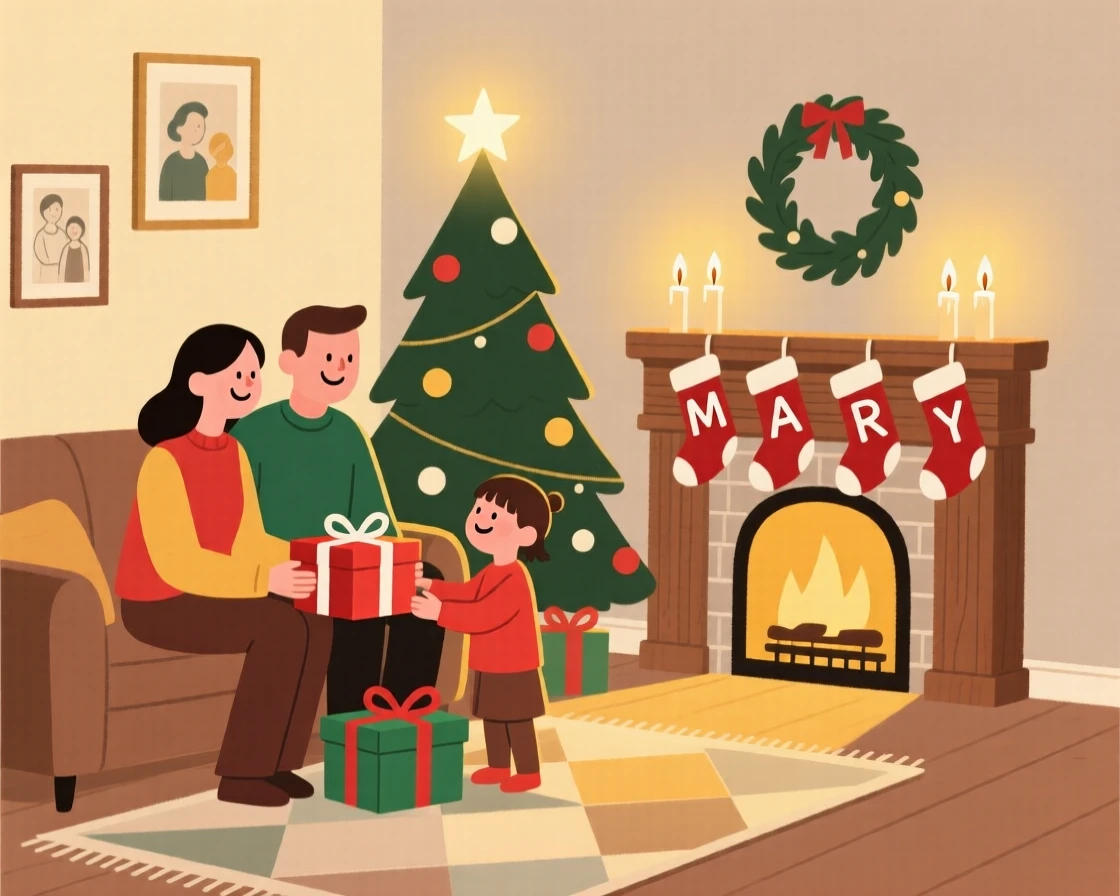 A Christmas celebration with warm candlelight filling a family home.