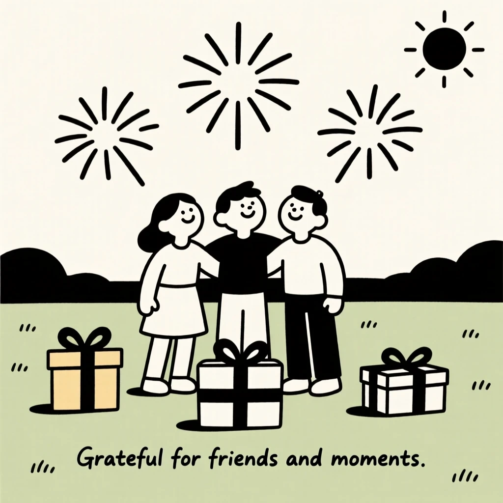 Friends gathered for a fireworks display in a sunny garden, surrounded by ribbon-wrapped gifts, radiating heartfelt gratitude.
