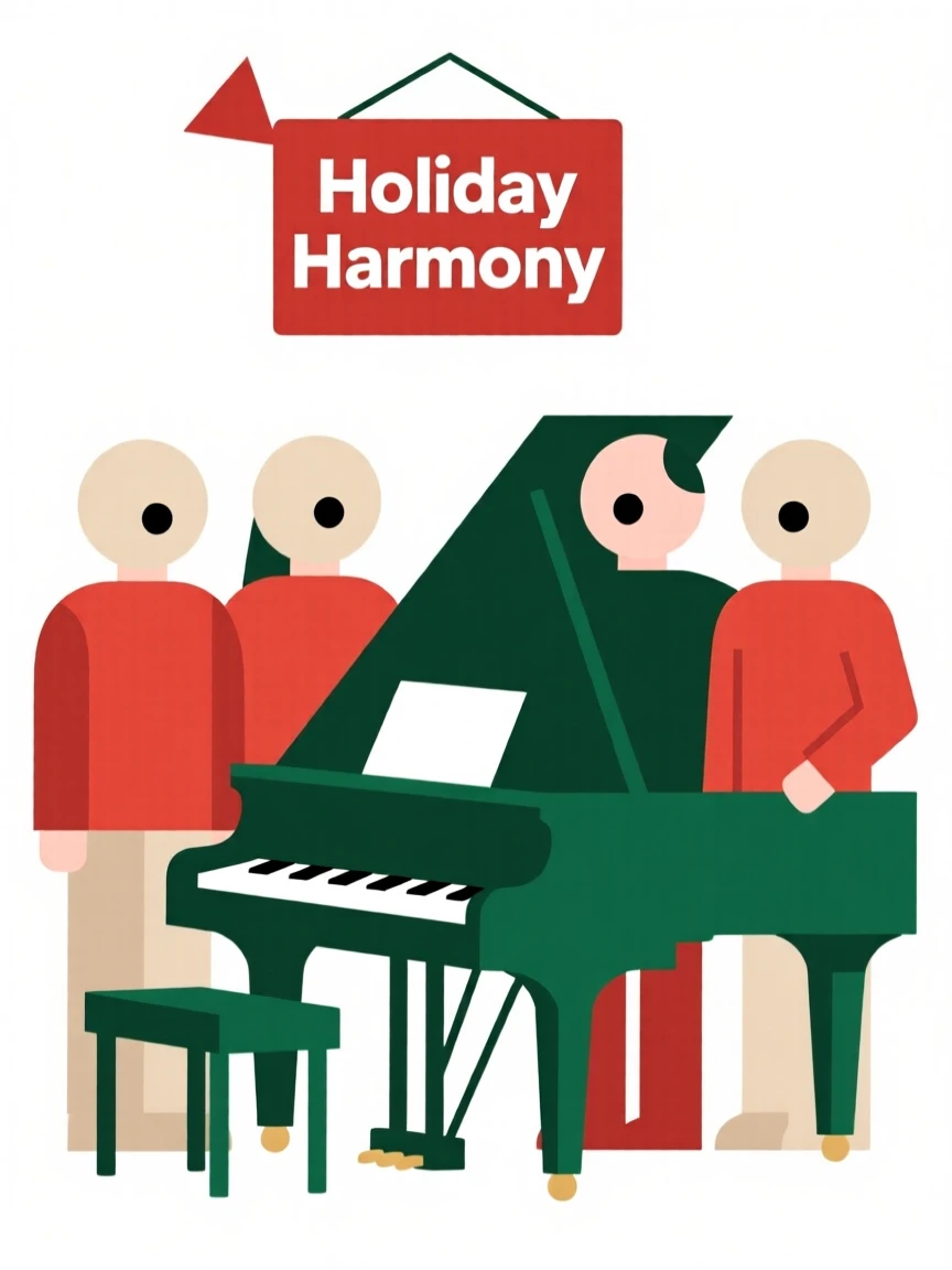 A group of friends singing around a piano during the holidays