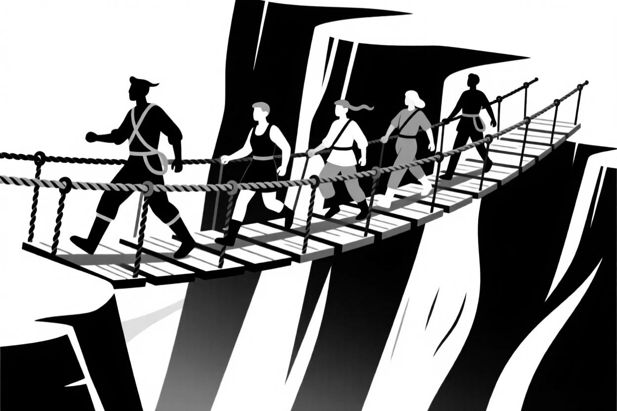 A team of adventurers crossing a rope bridge over a deep canyon.