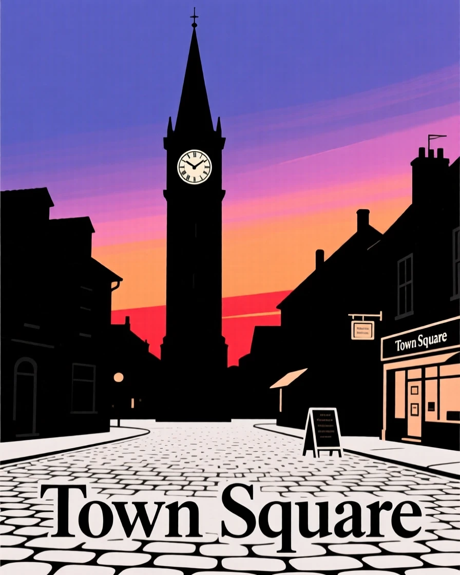 A tall clock tower rising above a cobblestone town square at dusk.