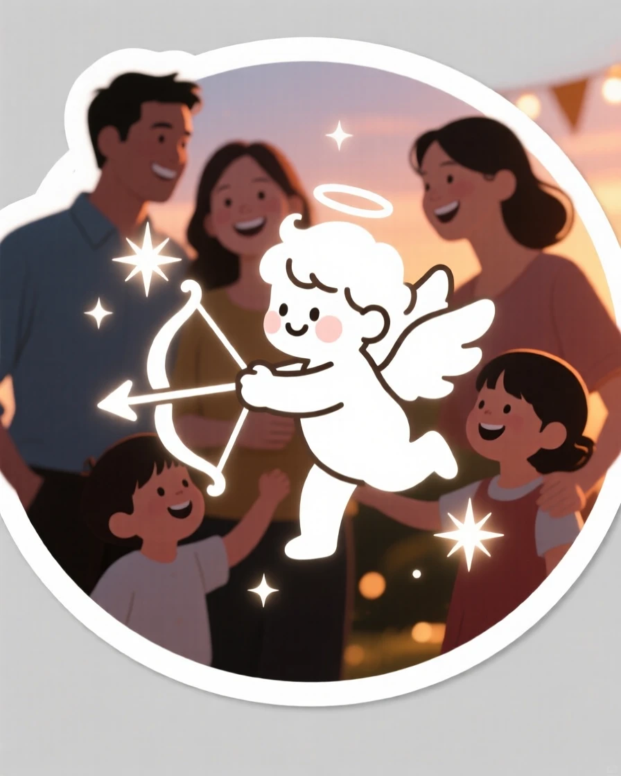 A sparkling and celebratory cupid figure with a small bow and arrow, glowing softly in the evening light, at a joyful family gathering.