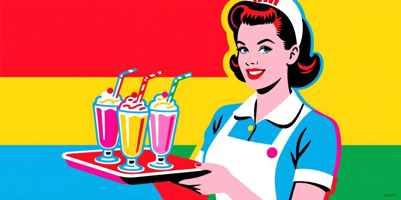 Classic diner waitress carrying a tray of milkshakes