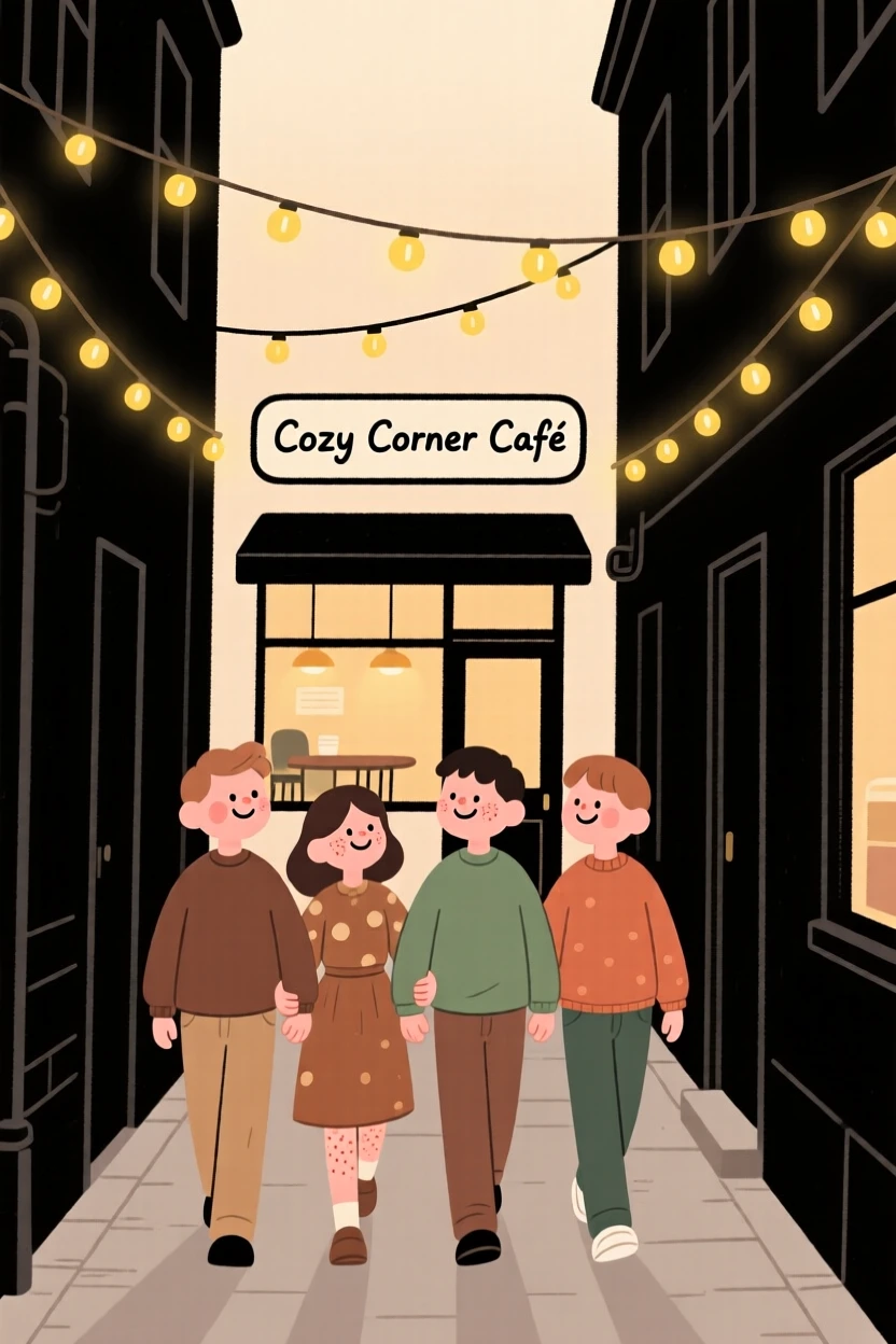 A group of friends link arms and walk down a narrow alley lined with string lights overhead, heading toward a favorite café.