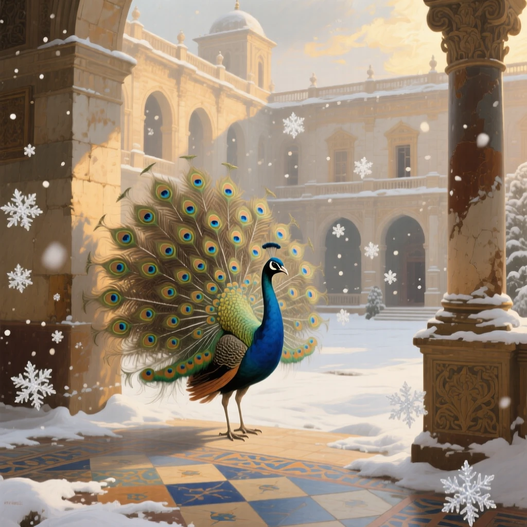 A grand panoramic scene of a peacock displaying its feathers in a sunlit palace courtyard, in gentle falling snow, in late afternoon.