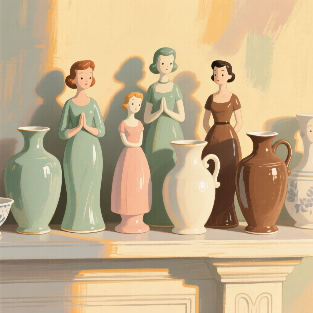 A collection of hand-painted porcelain figurines on a mantel