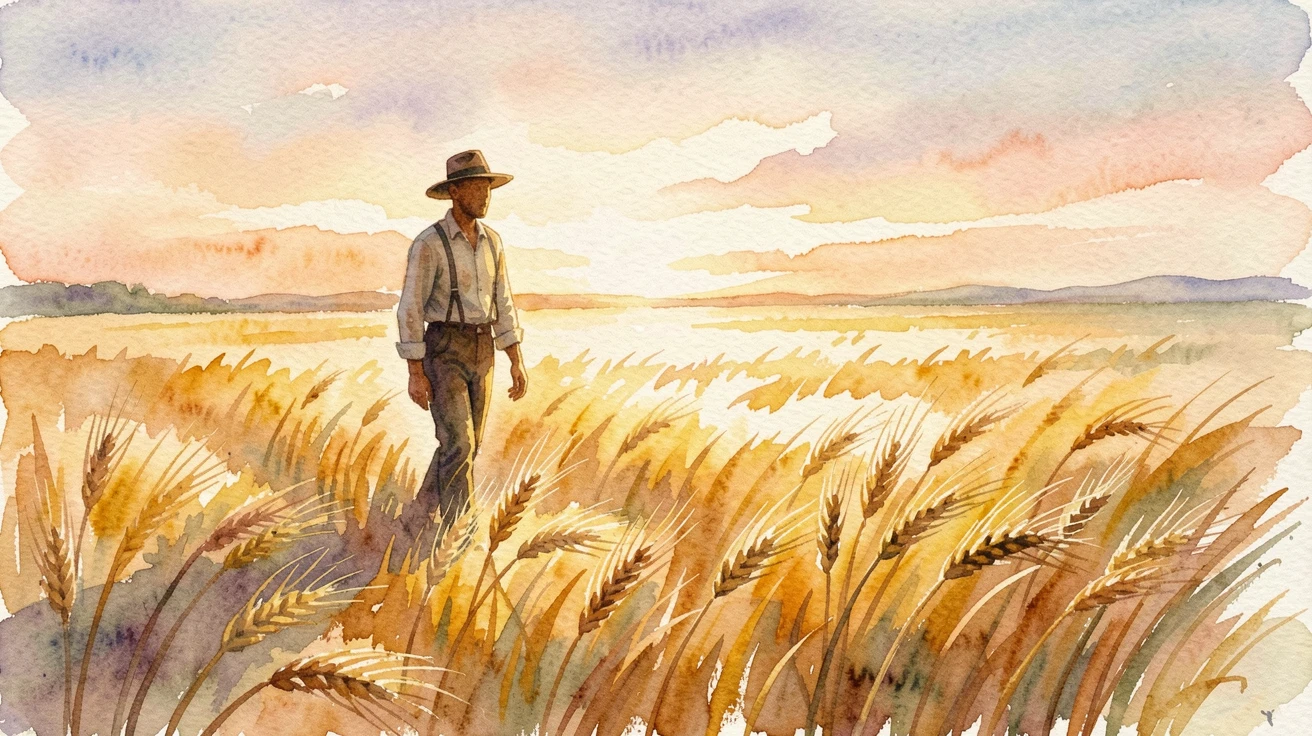 A farmer walking through a golden wheat field at sunset.