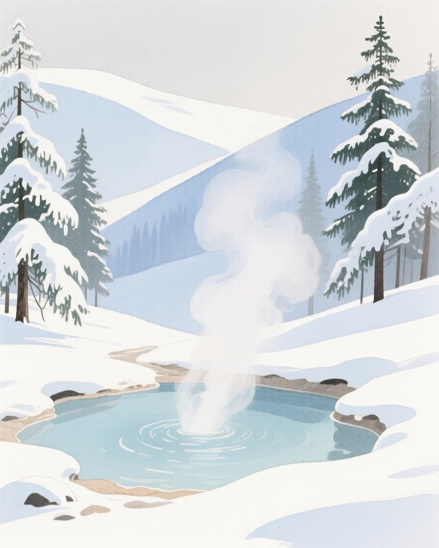 A tranquil hot spring steams gently in a snowy valley surrounded by pine trees dusted in white