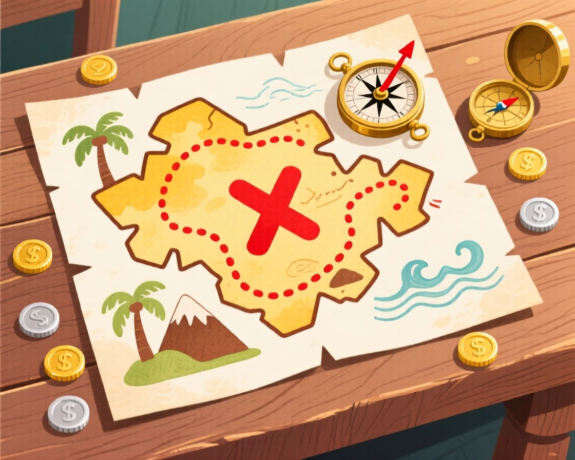A treasure map spread across a table with a compass and coins, full of mystery and excitement.