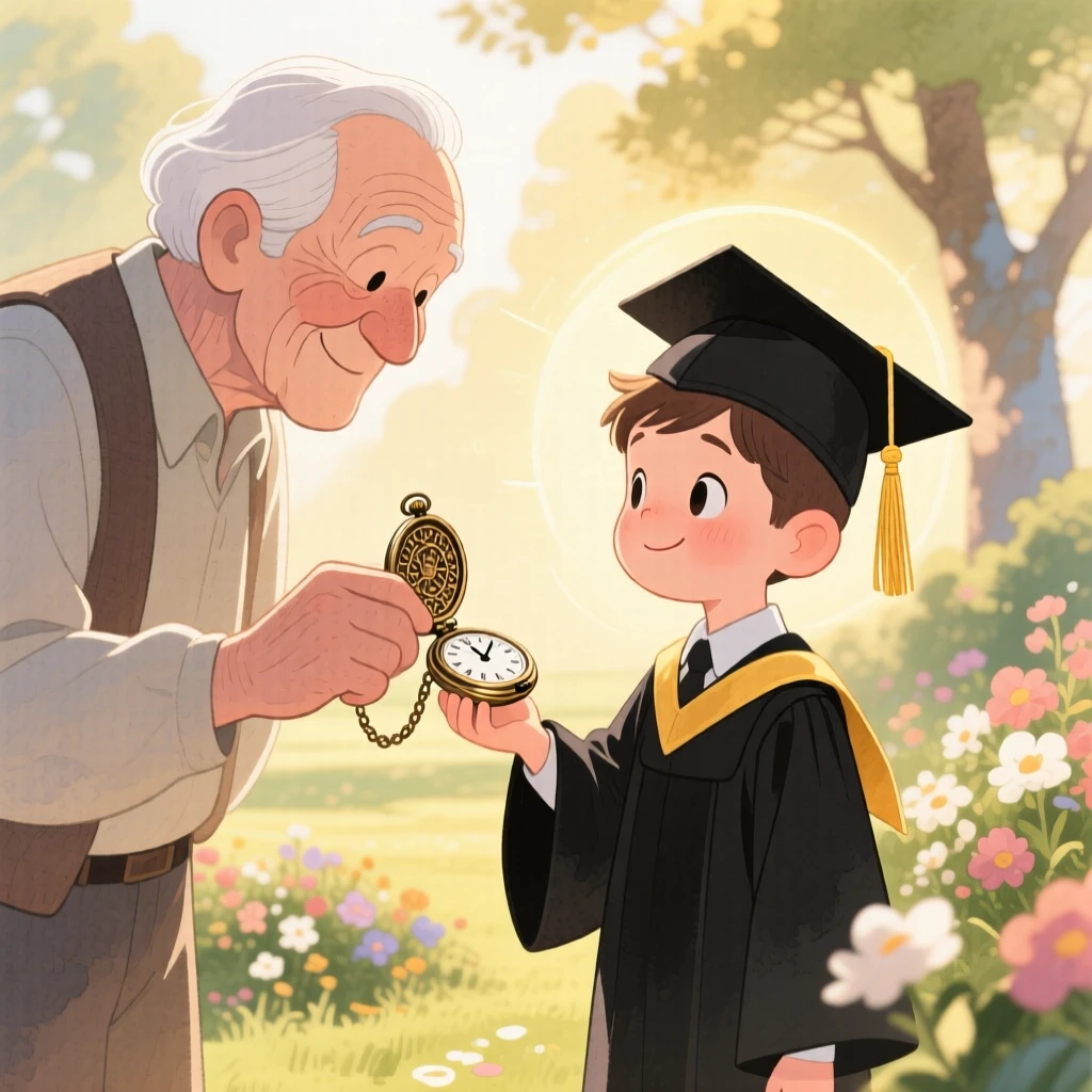 A grandfather passing down his old pocket watch to his grandson on graduation day, bathed in warm afternoon sunlight, radiating kindness, hope, and heartfelt emotion.