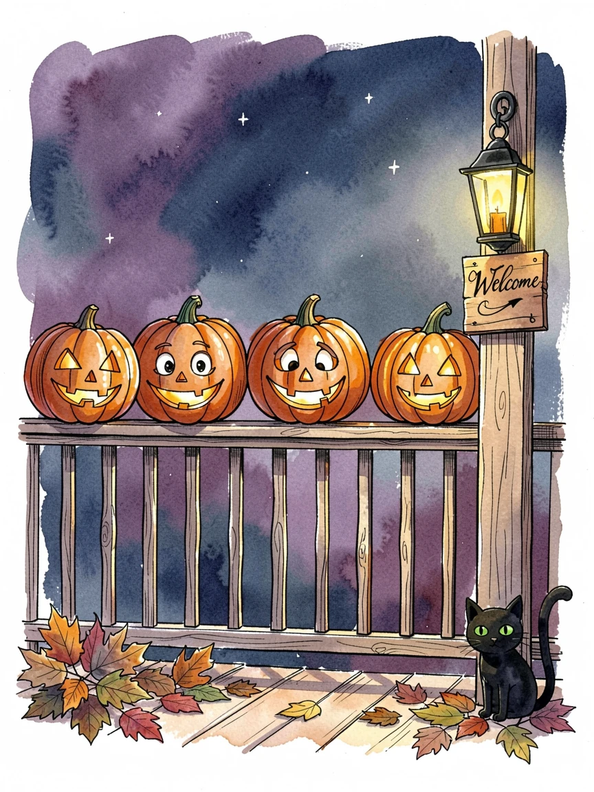 A row of jack-o-lanterns glowing along a porch railing on Halloween night, small decorative details adding charm throughout.