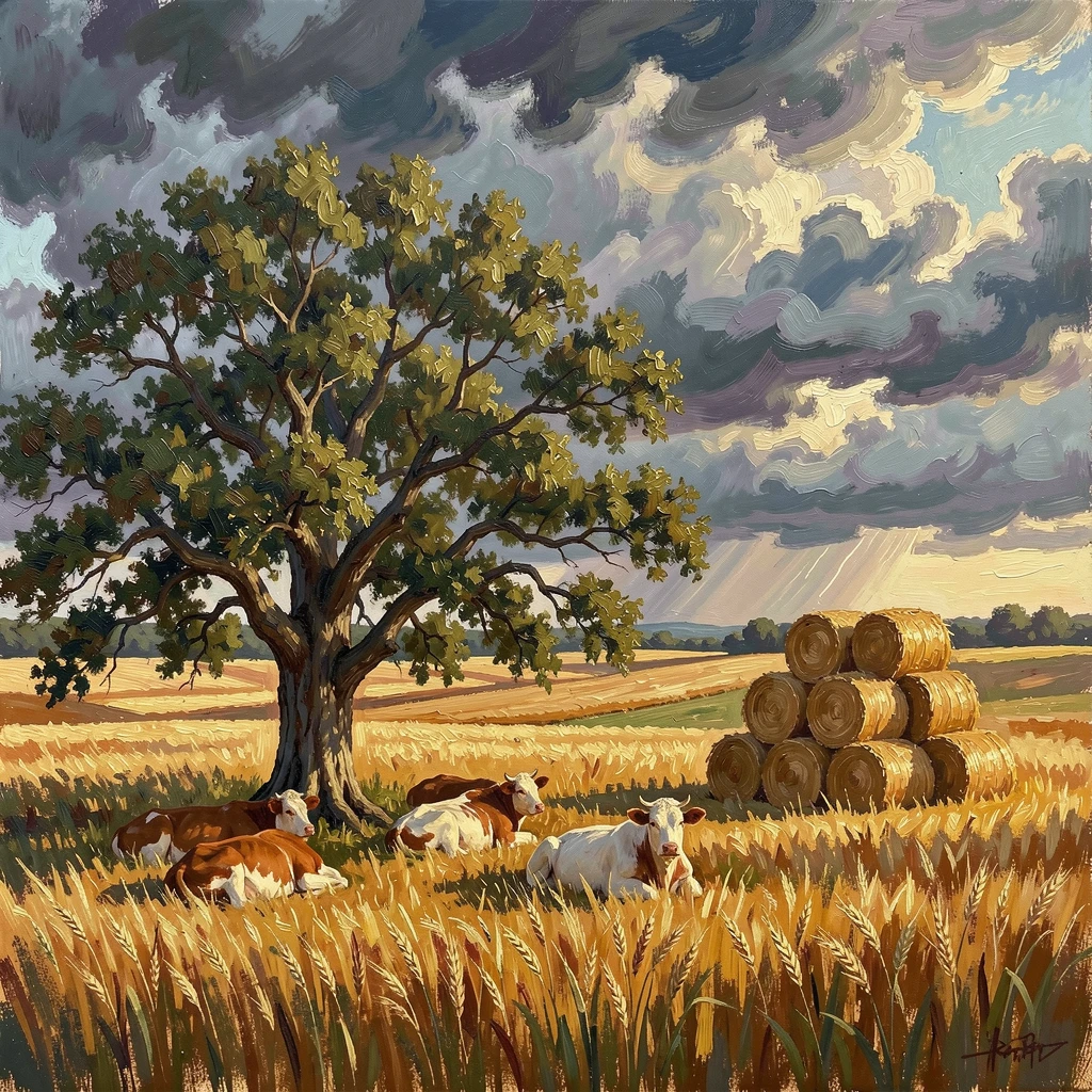 A patchwork of golden wheat fields, cows grazing lazily beneath a spreading oak tree, beside stacked hay bales catching the afternoon light, under a dramatic summer thunderstorm approaching in the distance.