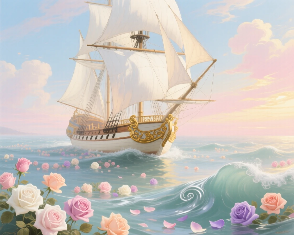 A white ship sailing across a sea filled with floating roses  