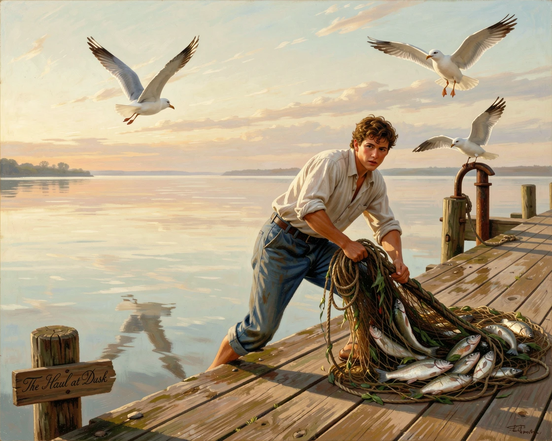 A young sailor hauls nets beside a pier stretching into calm waters as gulls cry overhead.