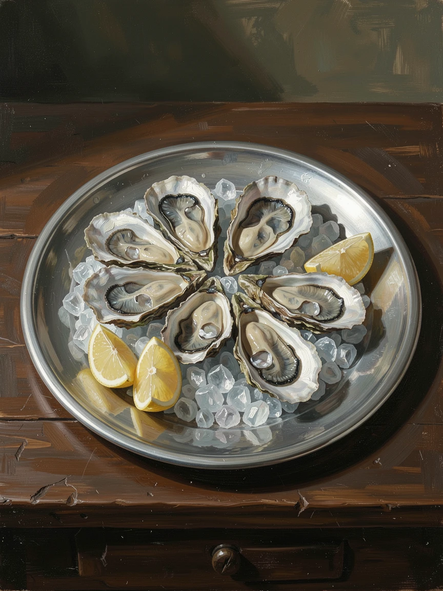 A silver serving tray of fresh oysters and lemon on crushed ice, as delicate shadows fall across the surrounding surface, evoking elegance, refinement, and quiet luxury