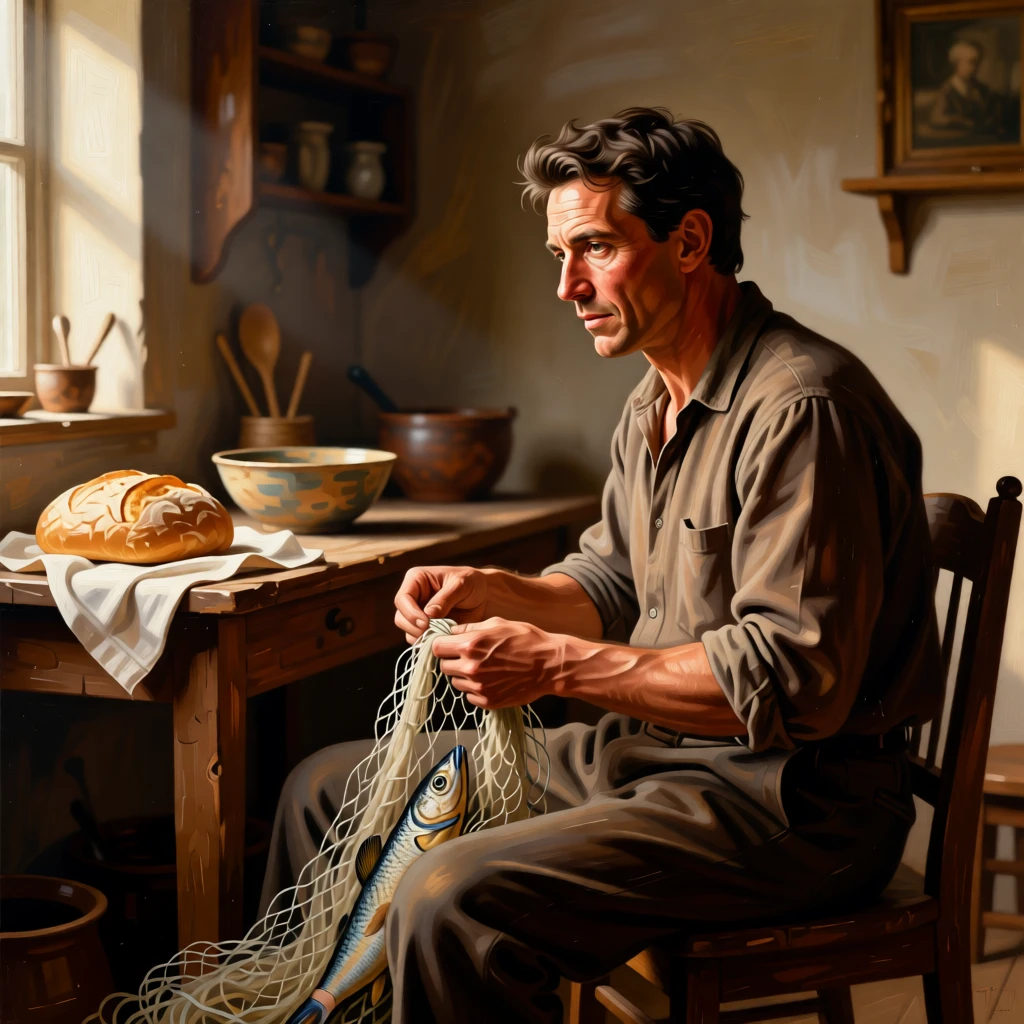 A fisherman mending his nets at the edge of a harbor turning slightly toward a soft, unseen light, set in a modest cottage kitchen filled with the smell of bread, with a single shaft of light illuminating an expressive face; soft background blur isolates the sitter as the clear focal point, suggesting a private world just glimpsed by the viewer.