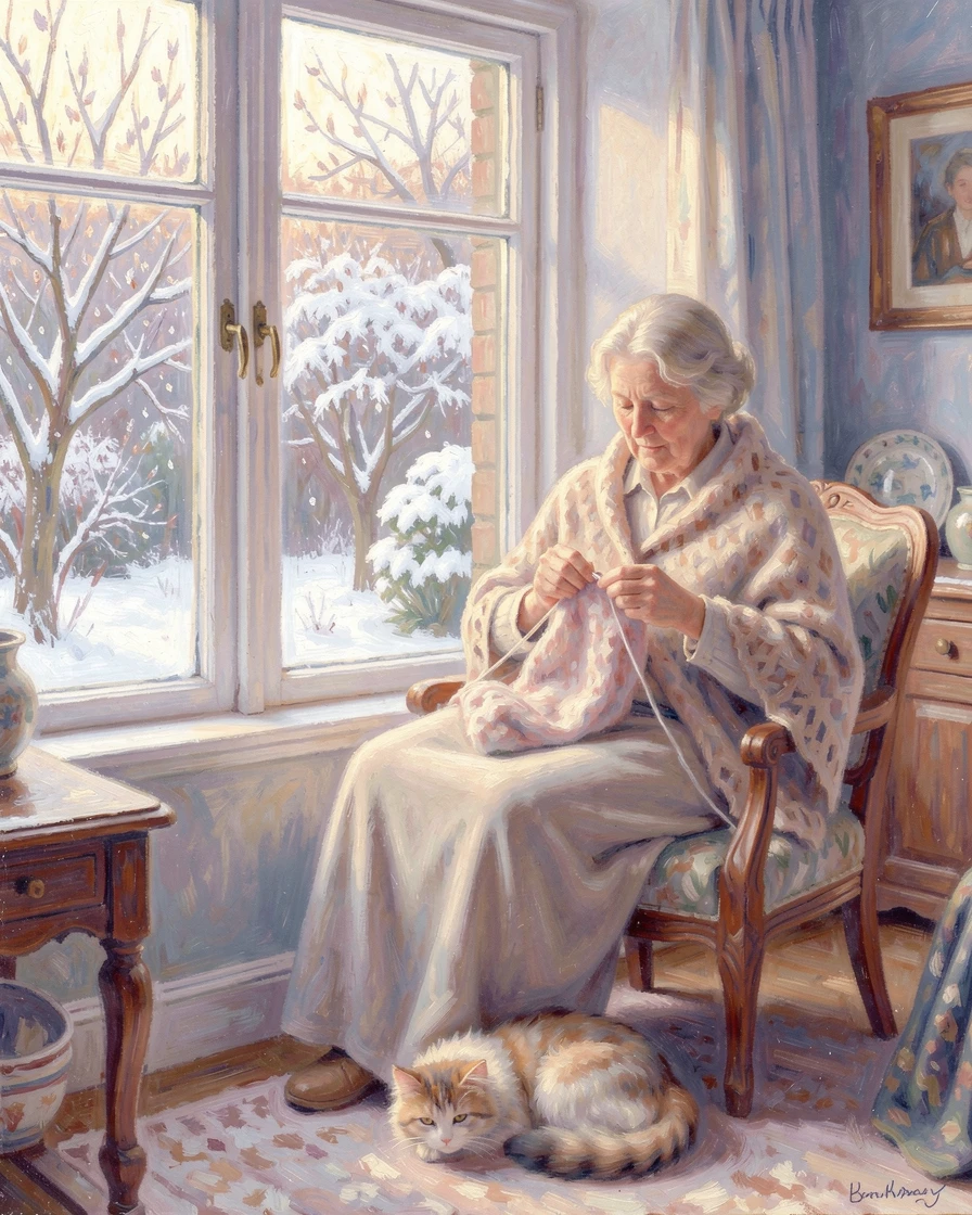 A grandmother knitting by a window overlooking a snow-covered garden, a cat curled at her feet, in the gentle hush of early morning, filled with a cozy, comforting atmosphere.