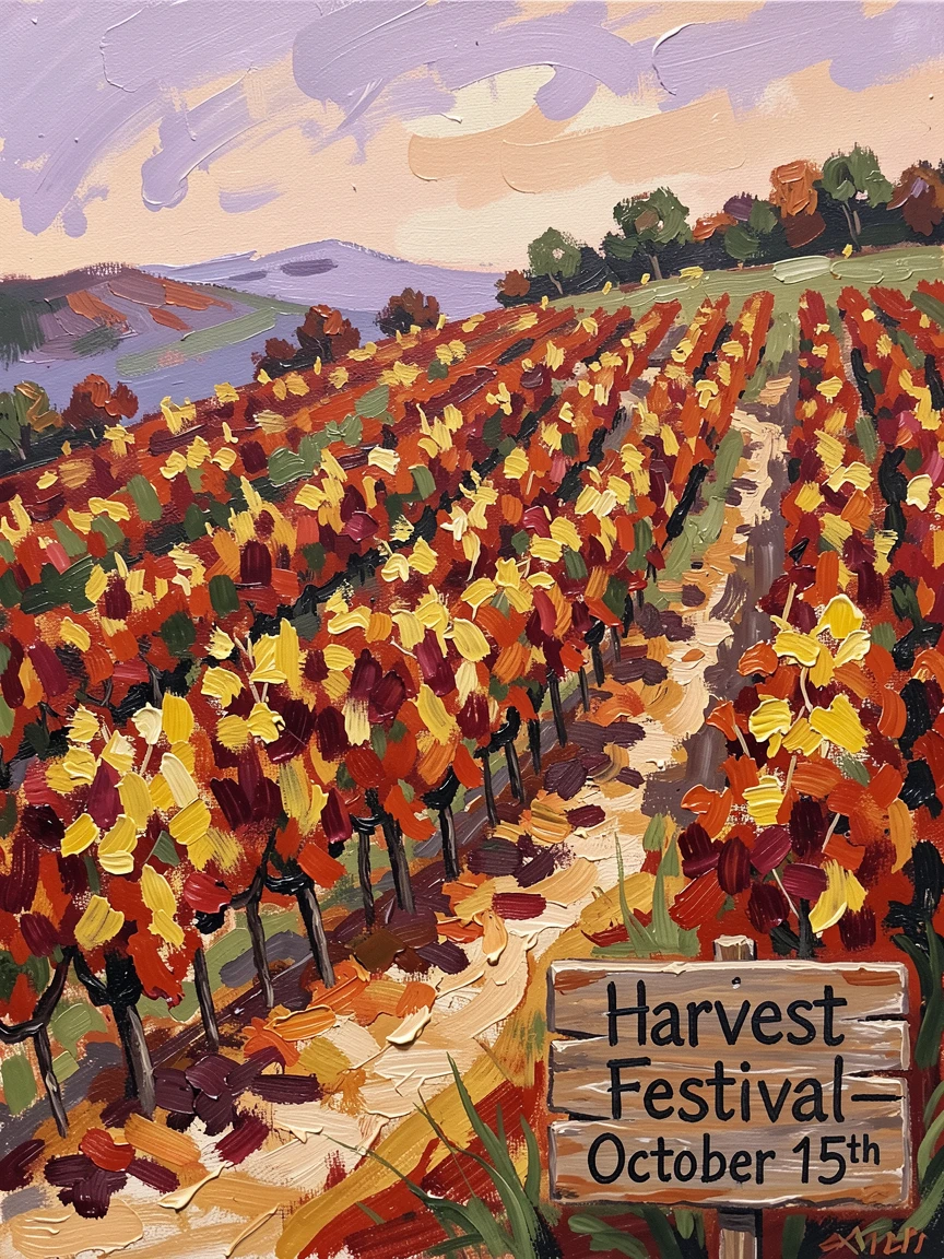 A hillside vineyard turning gold and crimson as autumn settles over the vines.