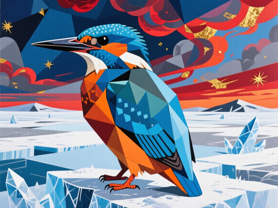 A striking view of a kingfisher standing alert on a frosty tundra plain beneath a dramatic sky.