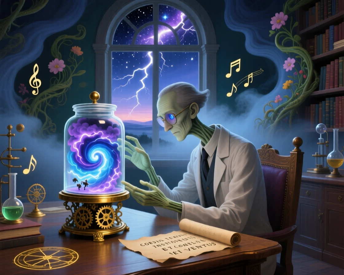 A scientist examining a tiny captured storm inside a glass jar works calmly, absorbed entirely in a quiet, private moment, while distant sounds drift softly through the surrounding air.