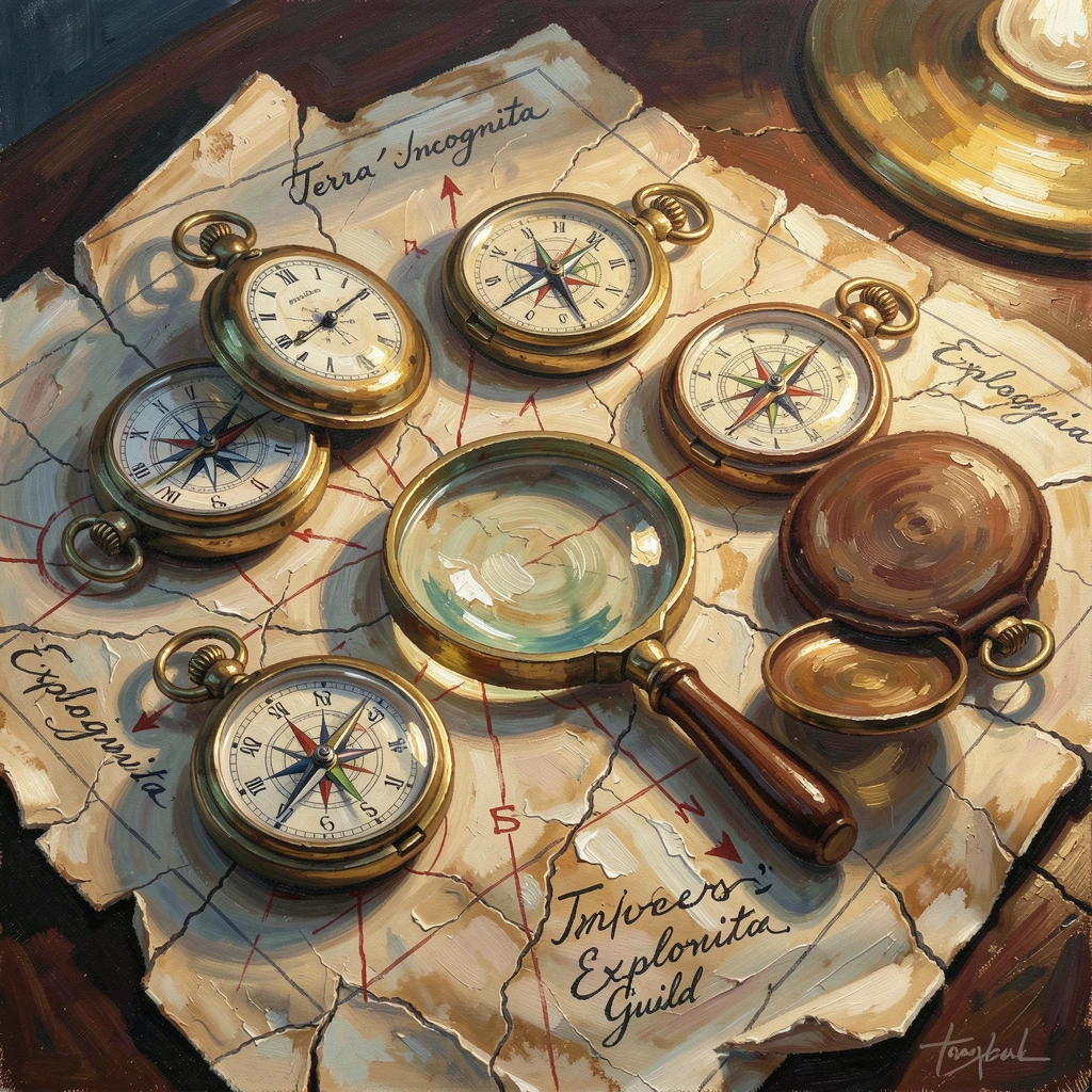 A collection of vintage pocket watches and compasses lies scattered across a weathered map, a magnifying glass resting nearby under warm lamplight, the changing light gradually shifting the mood of the landscape from moment to moment.