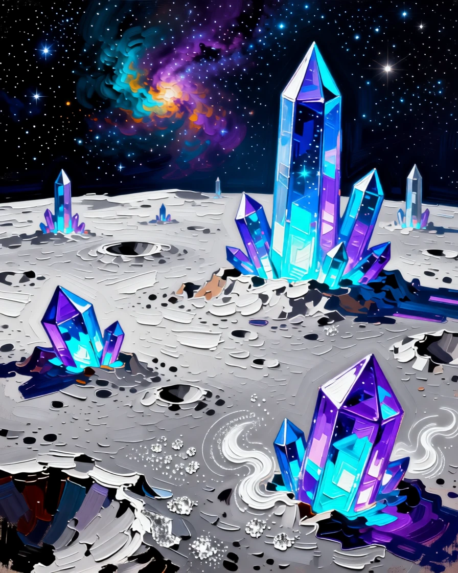 A field of glowing space crystals scattered across a low-gravity moon surface