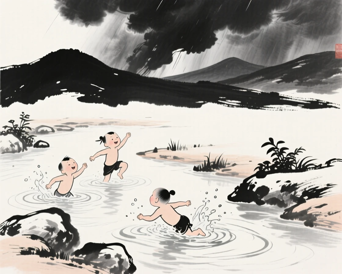 Children swim in a cool mountain stream on a hot afternoon, with dark clouds building over the distant ridgeline.