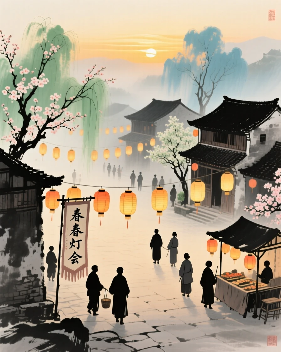 A lantern festival filling a village square with warm golden light, as morning mist begins to lift, as spring blossoms unfold.