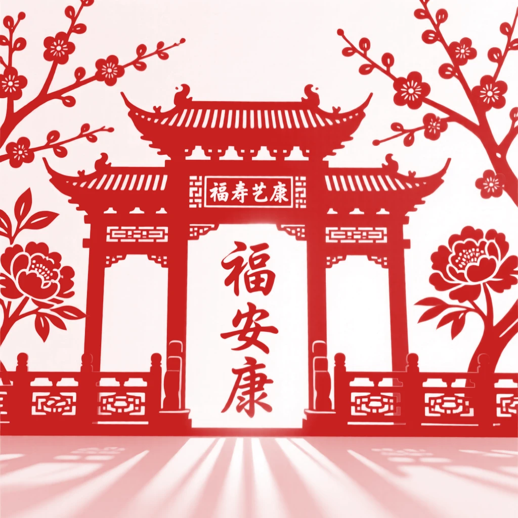 A temple gate, framed by blossoming trees in full spring bloom, its carved railings catching the last light.